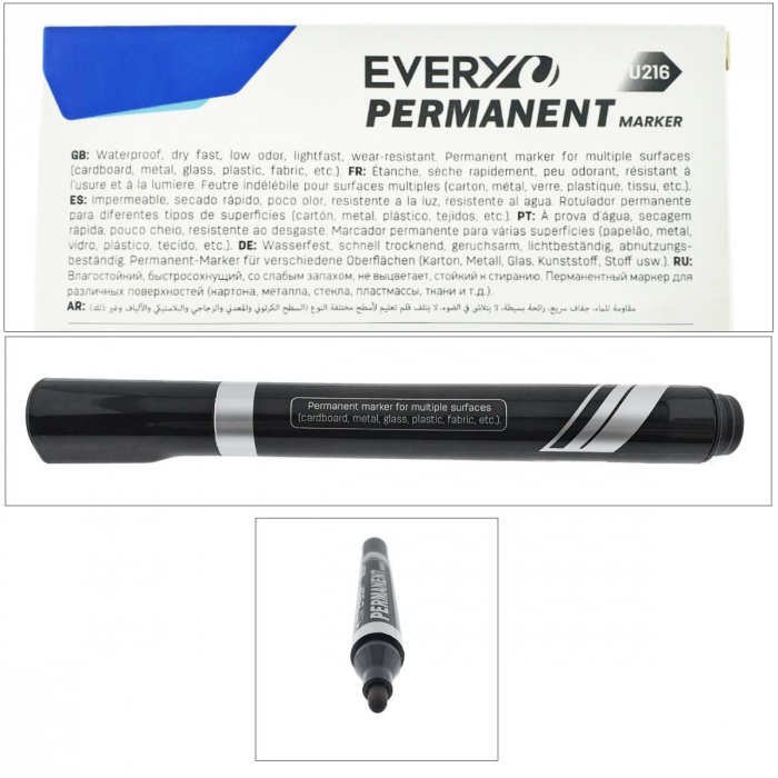 Marker negru permanent cu varf rotund 2.5mm, rezistent la apa, scriere lina, model Everyday U216, lungime 145 mm, cu capac [4]