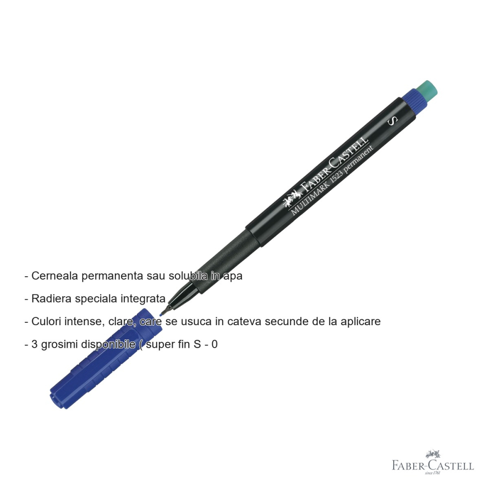 Marker permanent albastru Faber-Castell Multimark, varf super fin S 0.4 mm, pentru CD, sticla, metal si plastic [2]