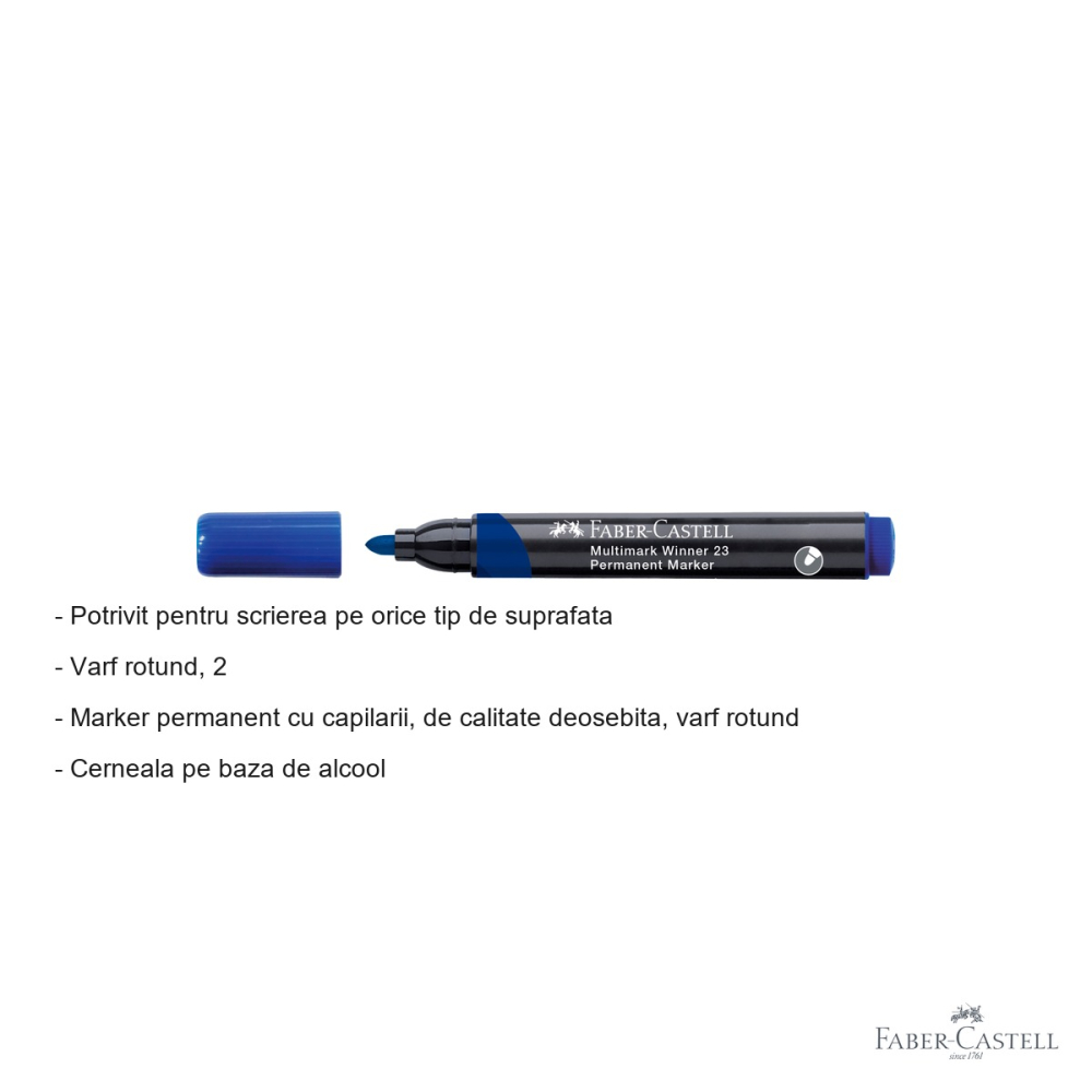 Marker permanent albastru Faber-Castell Winner 23 Multimark, varf rotund 2.8 mm, pentru orice suprafata [2]