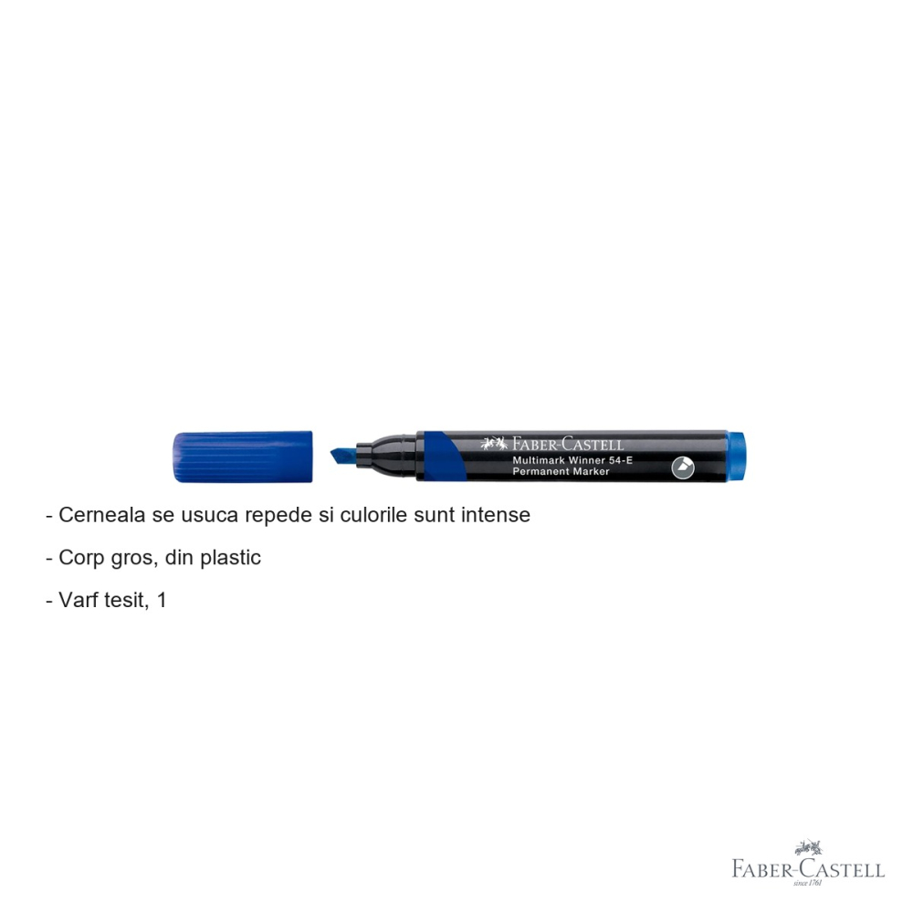 Marker permanent albastru Faber-Castell Winner 54, varf tesit 1.6/2.3/4.9 mm, cerneala pe baza de alcool, multisuprafata [2]