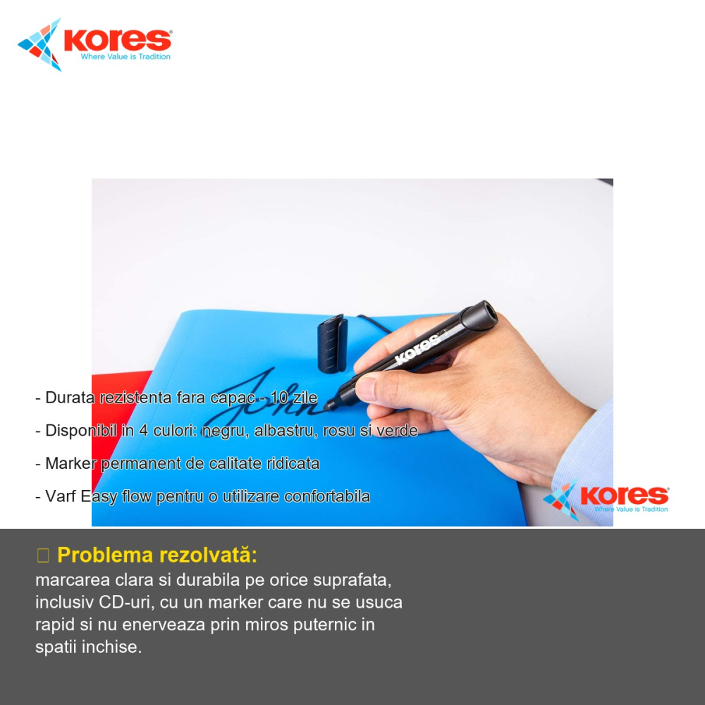 Marker permanent albastru Kores, varf rotund 3mm, scriere pe orice suprafata, eco [2]