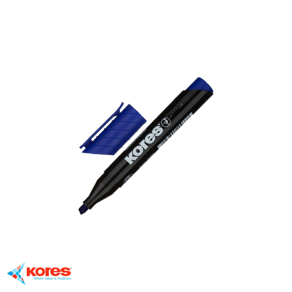 Marker permanent albastru Kores, varf tesit, uscare rapida, pentru orice suprafata [4]