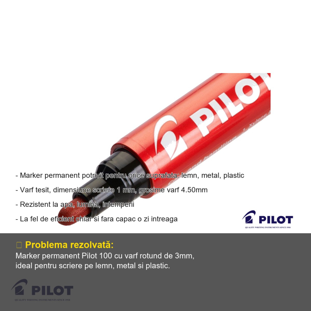 Marker permanent albastru Pilot 100, varf rotund 3mm, rezistent la apa, pentru orice suprafata [2]