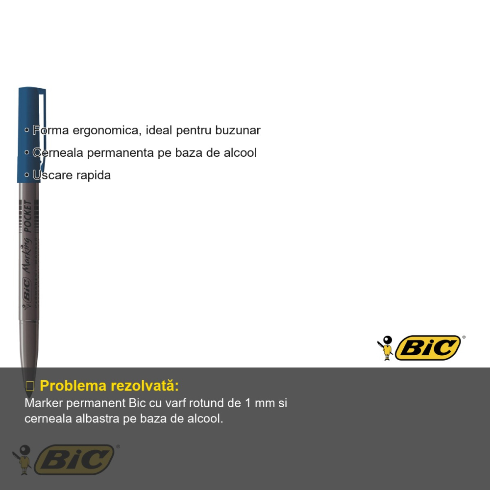 Marker permanent Bic 1445, varf rotund 1 mm, cerneala albastra pe baza de alcool, pentru multiple suprafete [3]