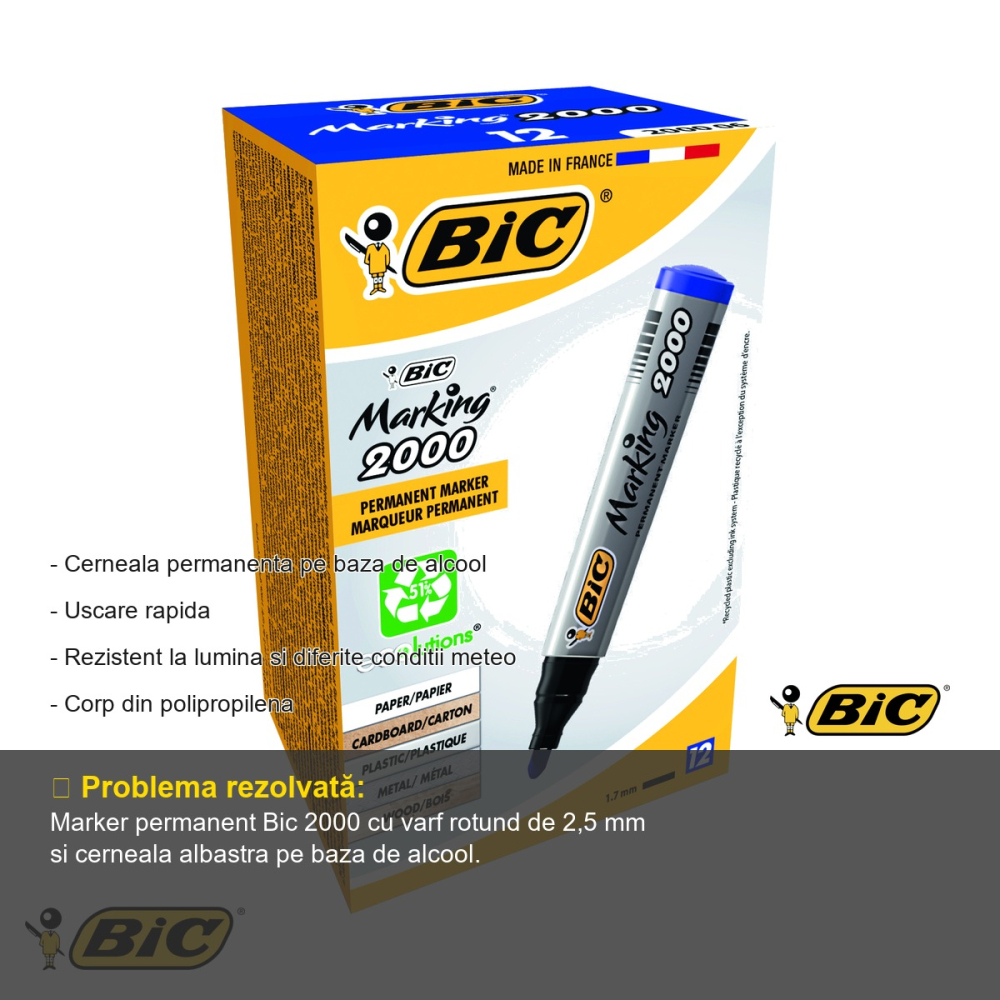 Marker permanent Bic 2000, varf rotund 2.5 mm, albastru, pentru suprafete multiple [2]