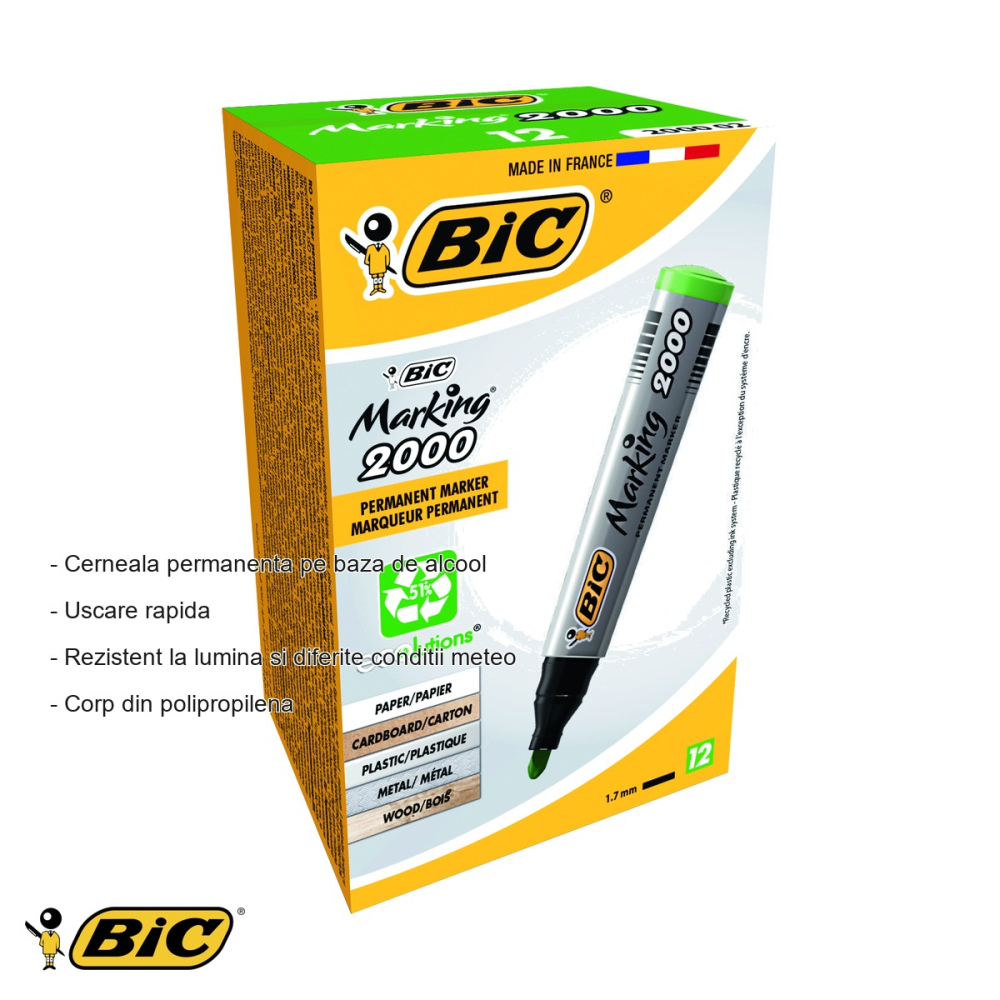 Marker permanent Bic 2000, varf rotund 2,5 mm, cerneala verde pe baza de alcool, pentru suprafete multiple [2]
