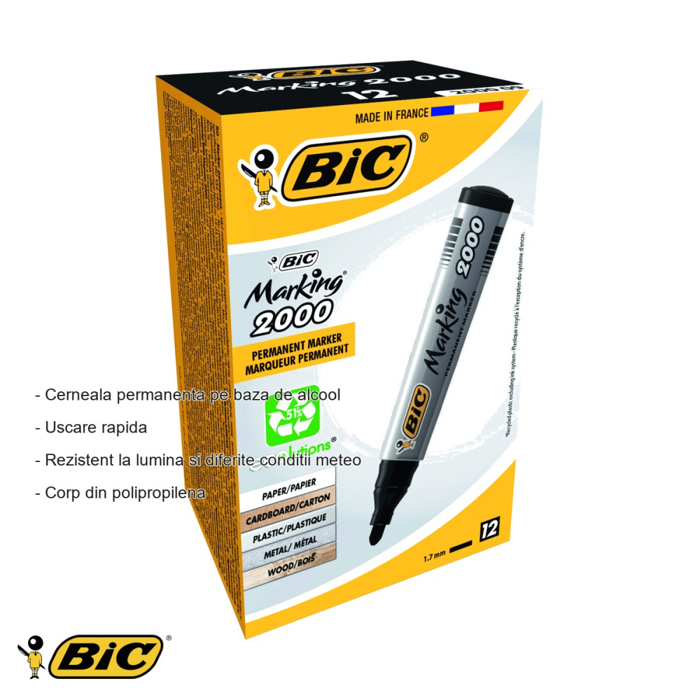 Marker permanent Bic 2000, varf rotund 2.5 mm, negru, pentru scriere pe multiple suprafete [2]