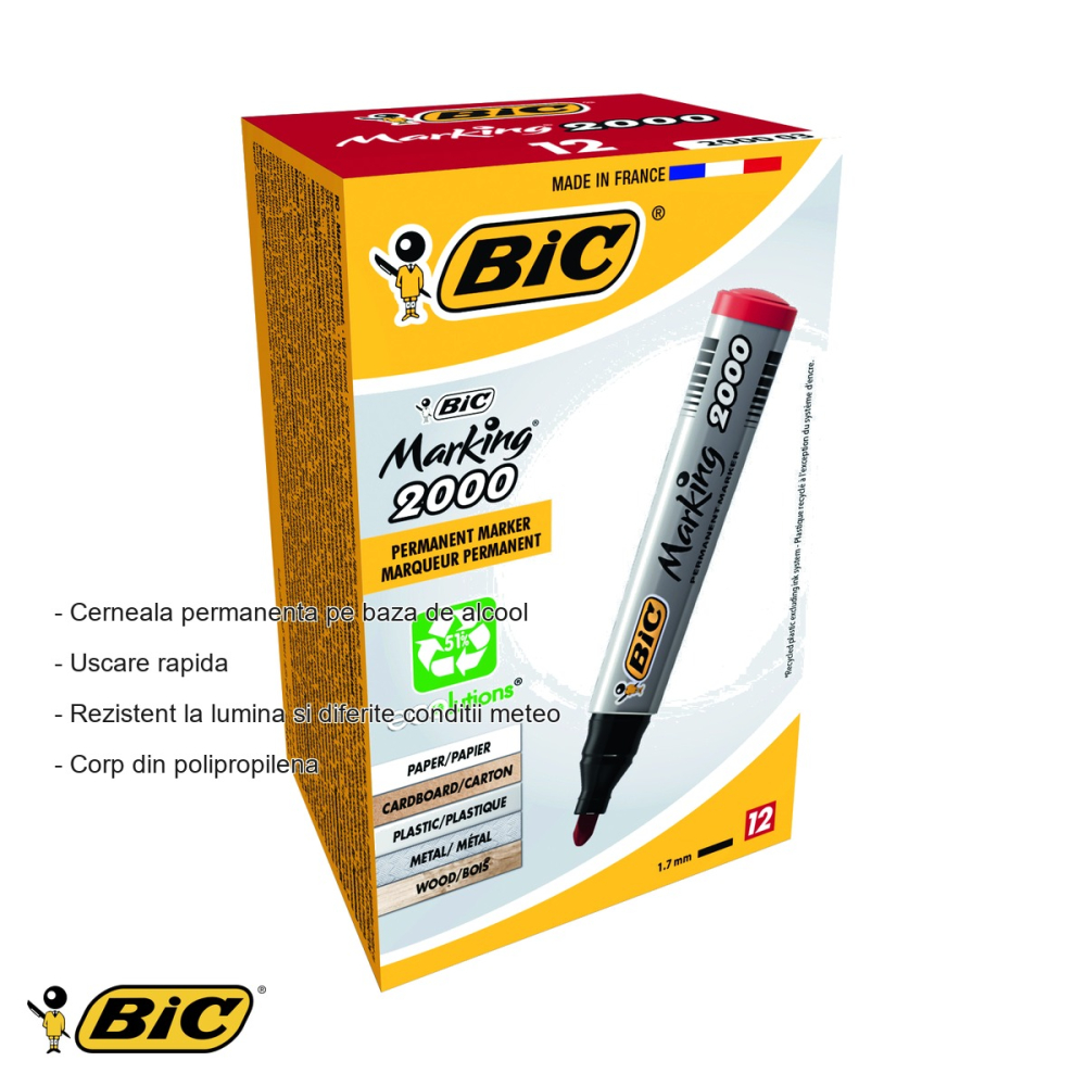 Marker permanent Bic 2000, varf rotund 2.5 mm, rosu, pentru hartie, plastic, metal si sticla [2]