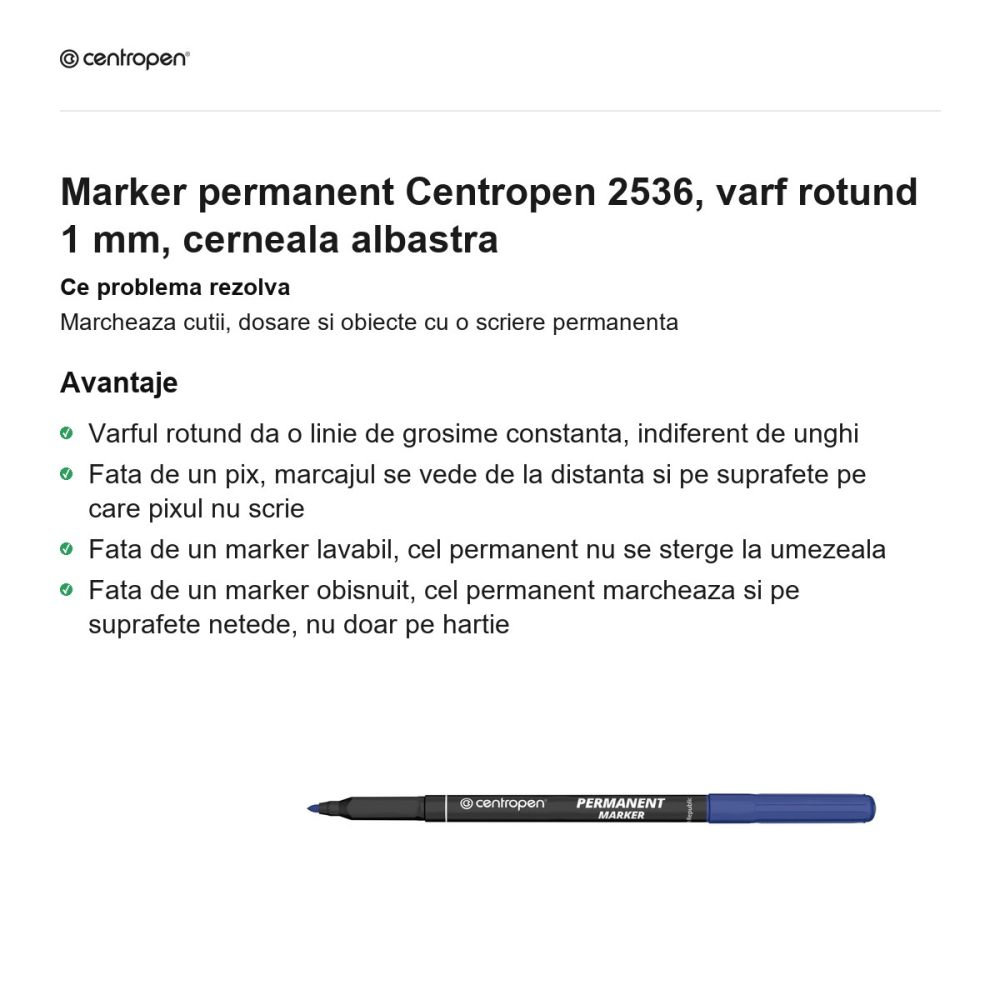 Marker permanent Centropen 2536, varf rotund 1 mm, cerneala albastra [2]
