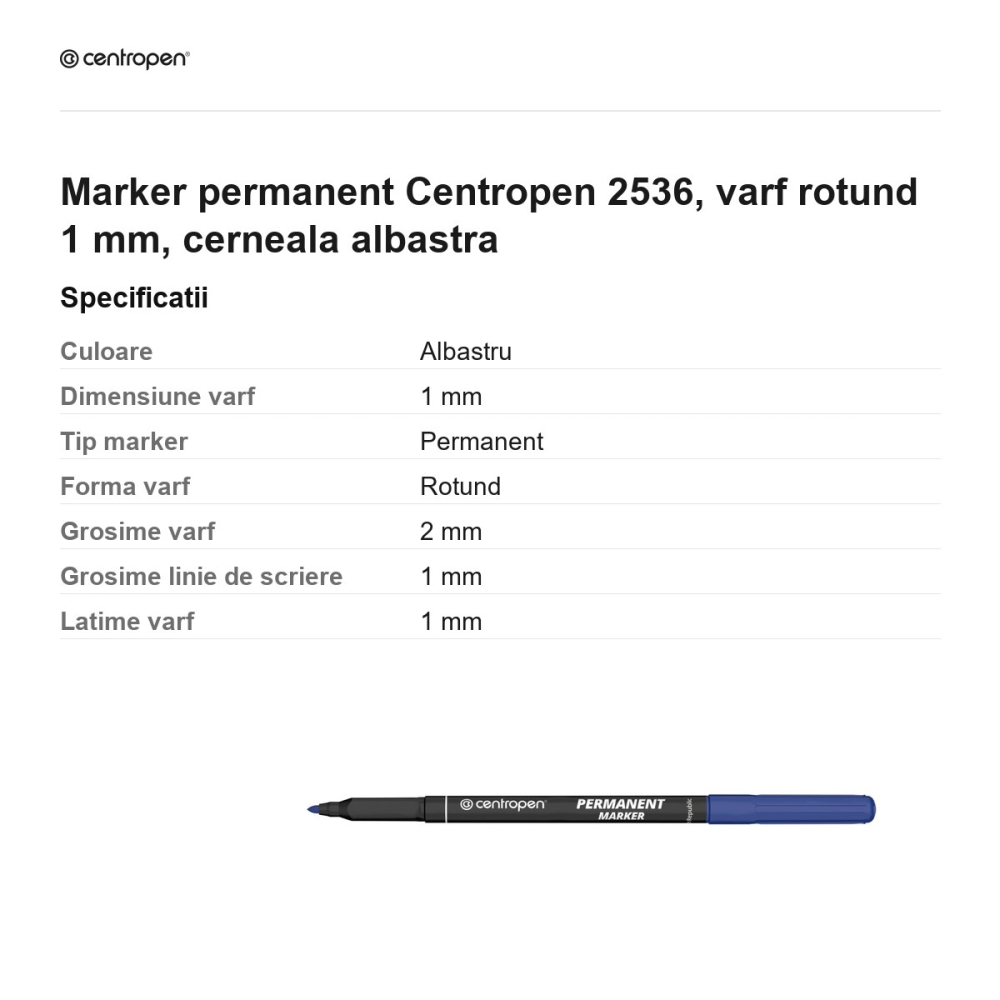Marker permanent Centropen 2536, varf rotund 1 mm, cerneala albastra [3]