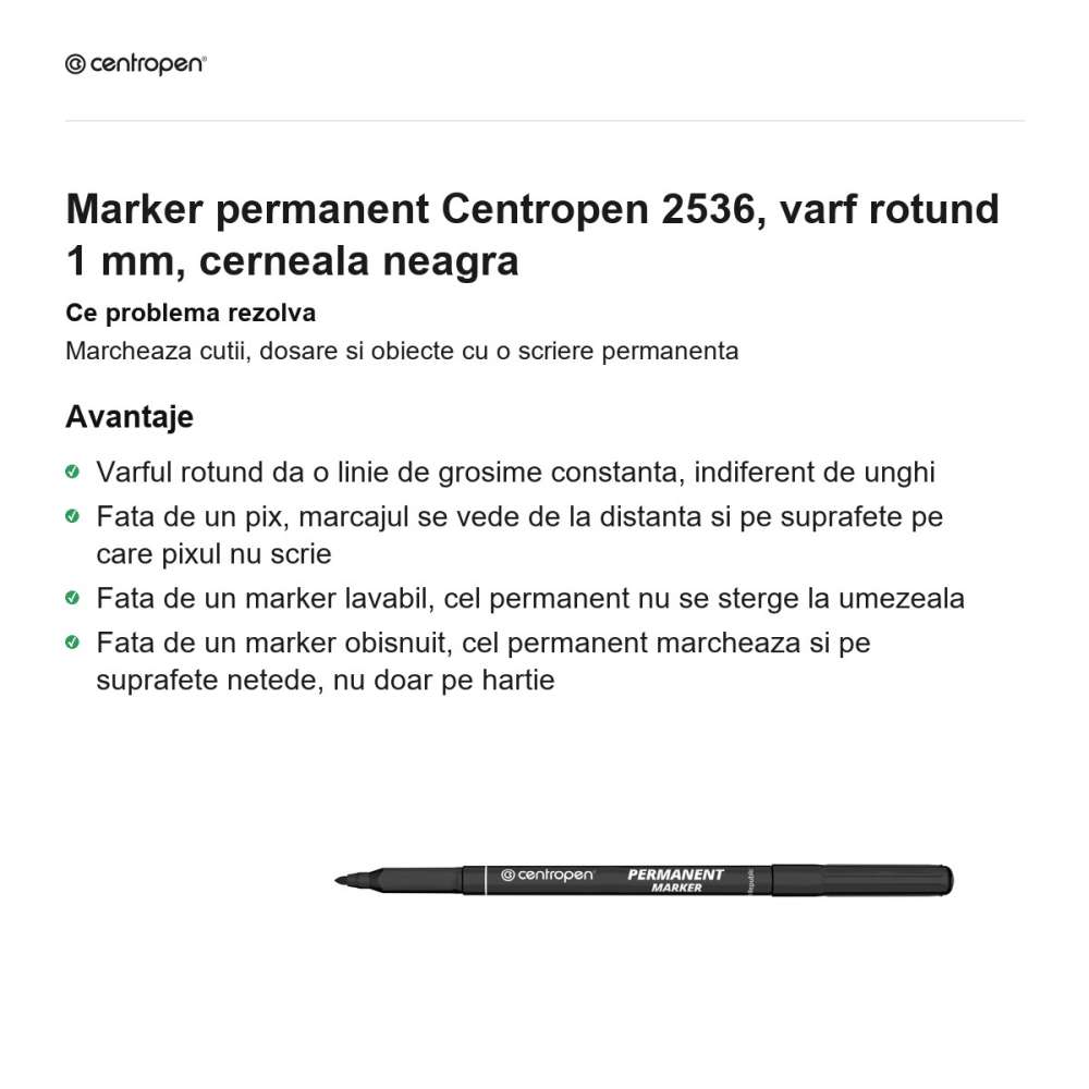 Marker permanent Centropen 2536, varf rotund 1 mm, cerneala neagra [2]