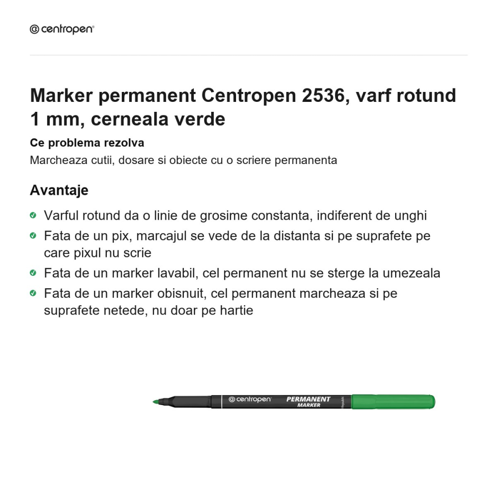 Marker permanent Centropen 2536, varf rotund 1 mm, cerneala verde [2]