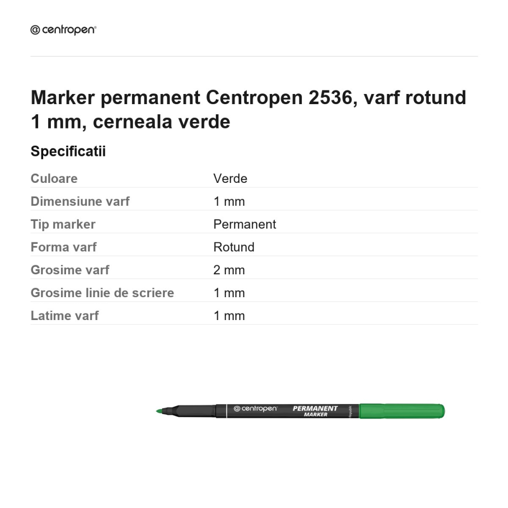 Marker permanent Centropen 2536, varf rotund 1 mm, cerneala verde [3]