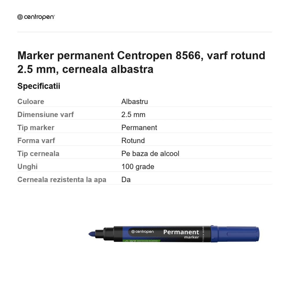 Marker permanent Centropen 8566, varf rotund 2.5 mm, cerneala albastra [3]