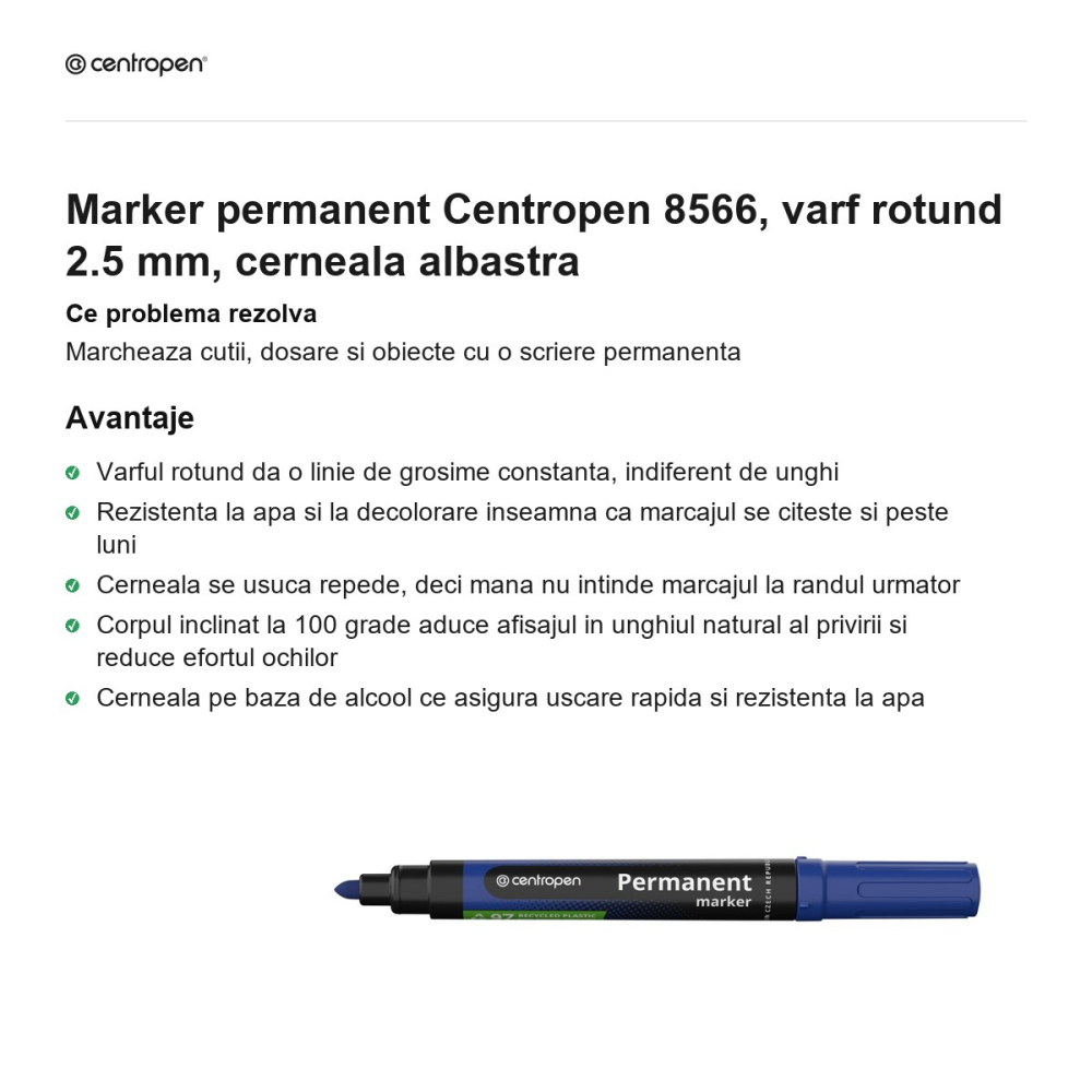 Marker permanent Centropen 8566, varf rotund 2.5 mm, cerneala albastra [2]
