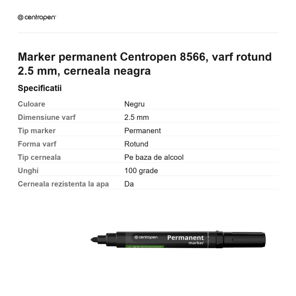 Marker permanent Centropen 8566, varf rotund 2.5 mm, cerneala neagra [3]