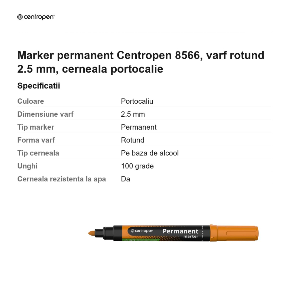Marker permanent Centropen 8566, varf rotund 2.5 mm, cerneala portocalie [3]