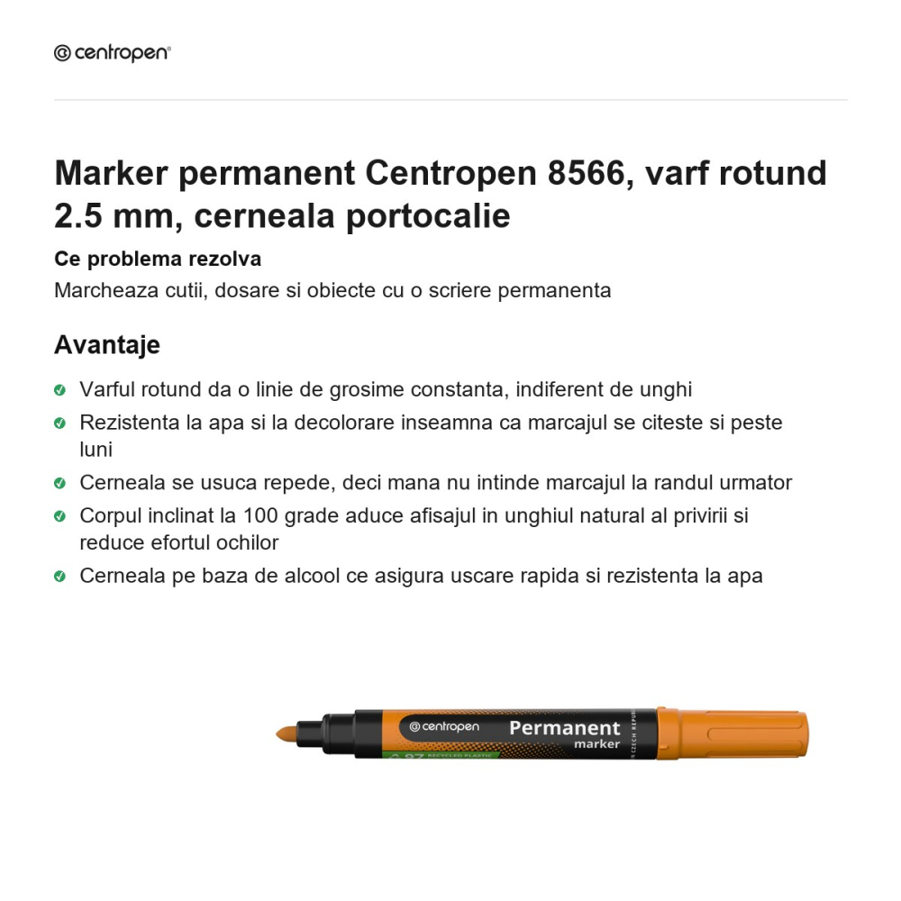 Marker permanent Centropen 8566, varf rotund 2.5 mm, cerneala portocalie [2]