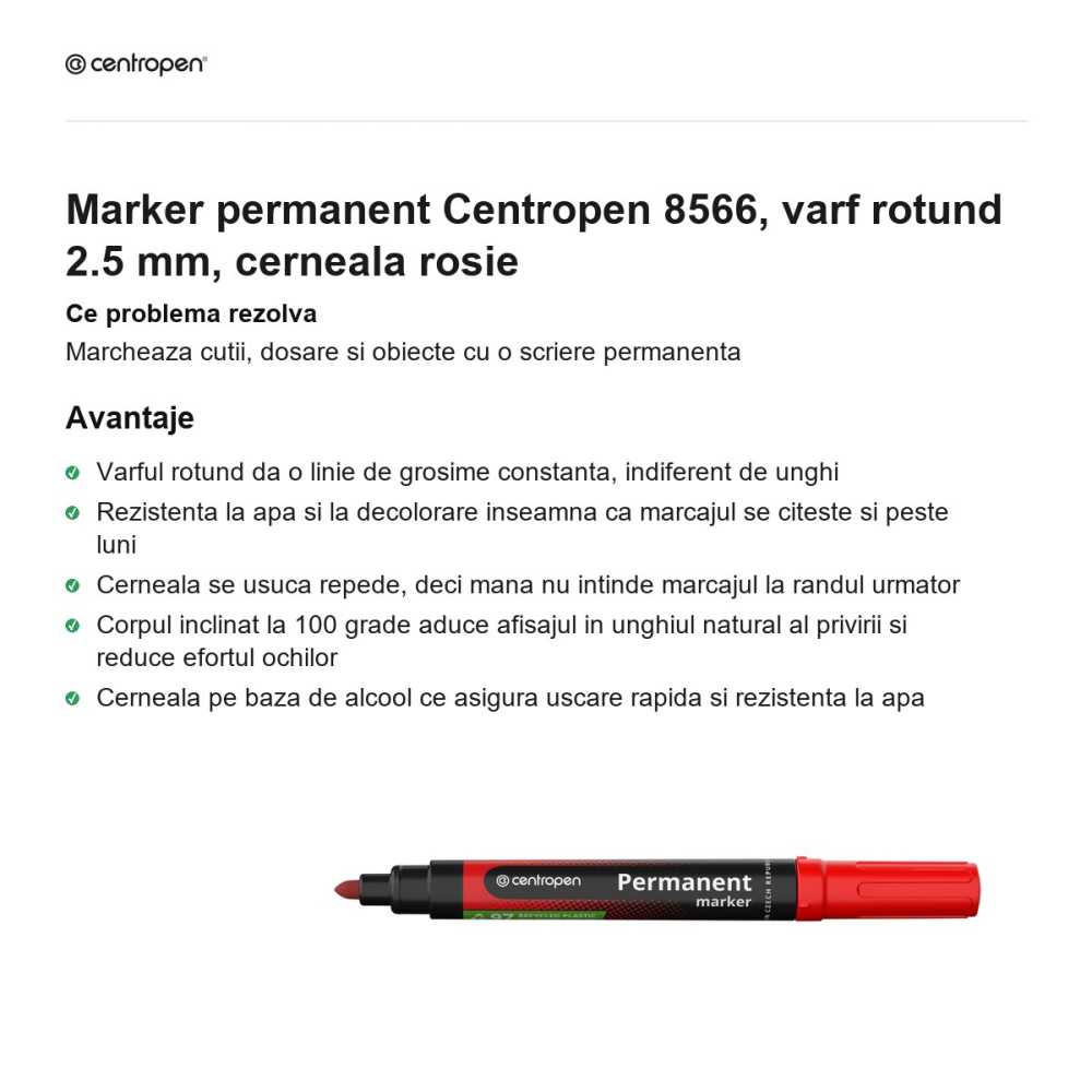 Marker permanent Centropen 8566, varf rotund 2.5 mm, cerneala rosie [2]