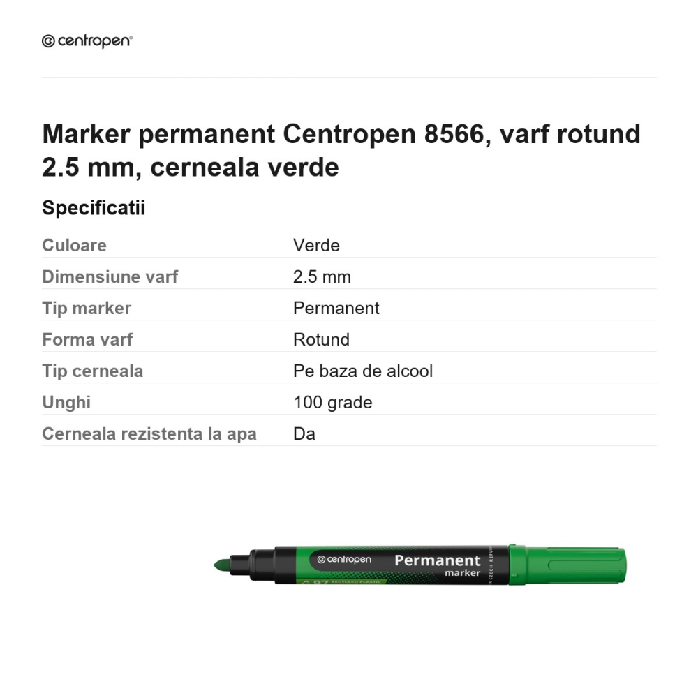 Marker permanent Centropen 8566, varf rotund 2.5 mm, cerneala verde [3]