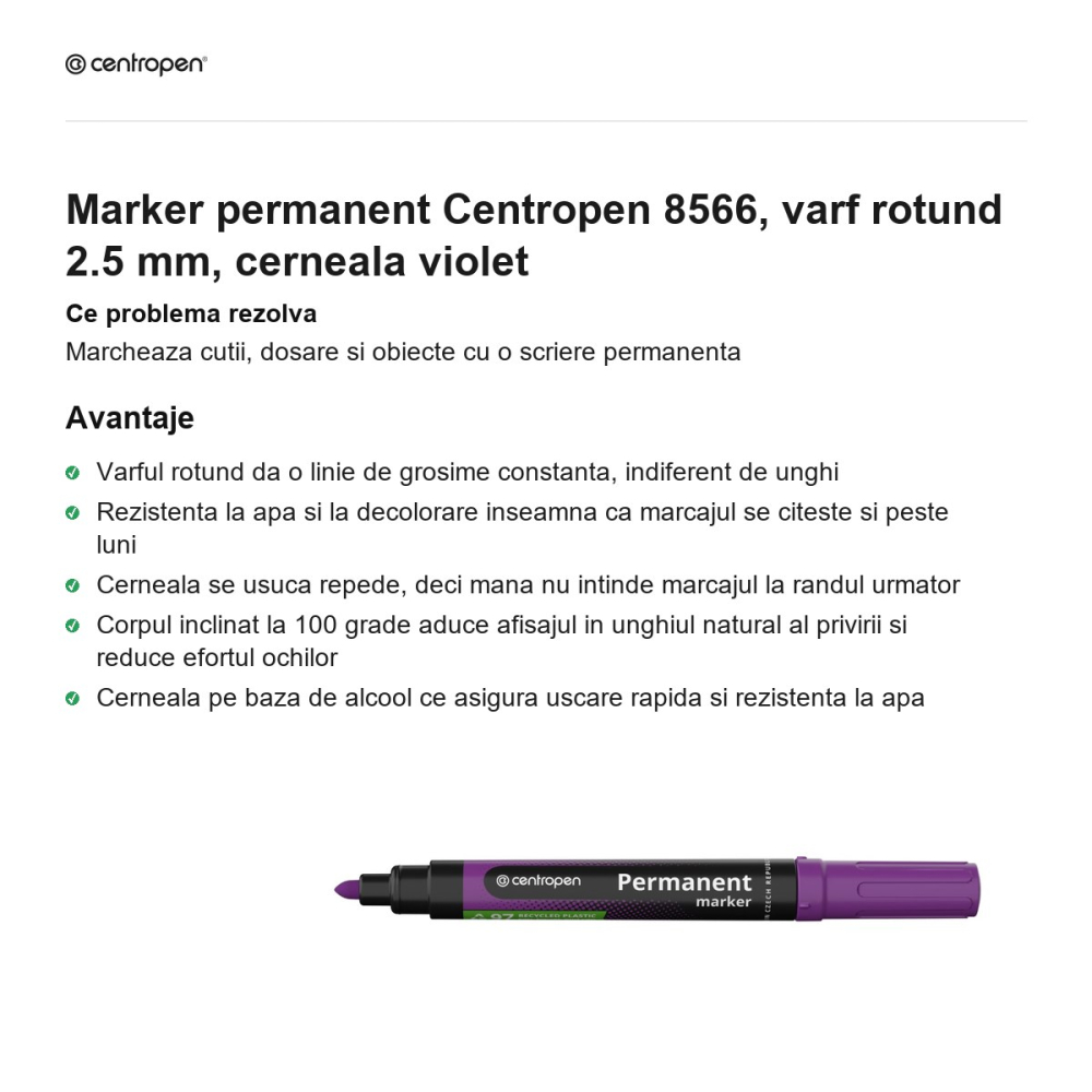 Marker permanent Centropen 8566, varf rotund 2.5 mm, cerneala violet [2]