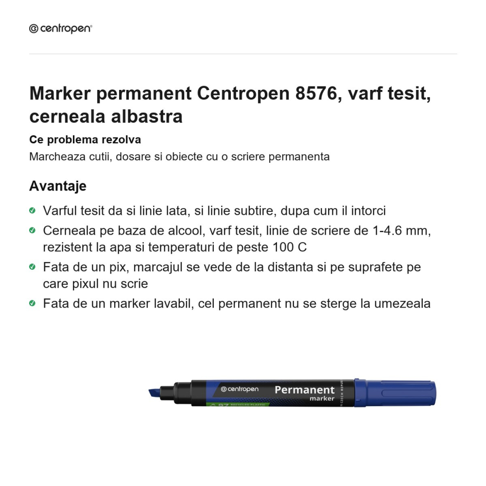 Marker permanent Centropen 8576, varf tesit, cerneala albastra [2]