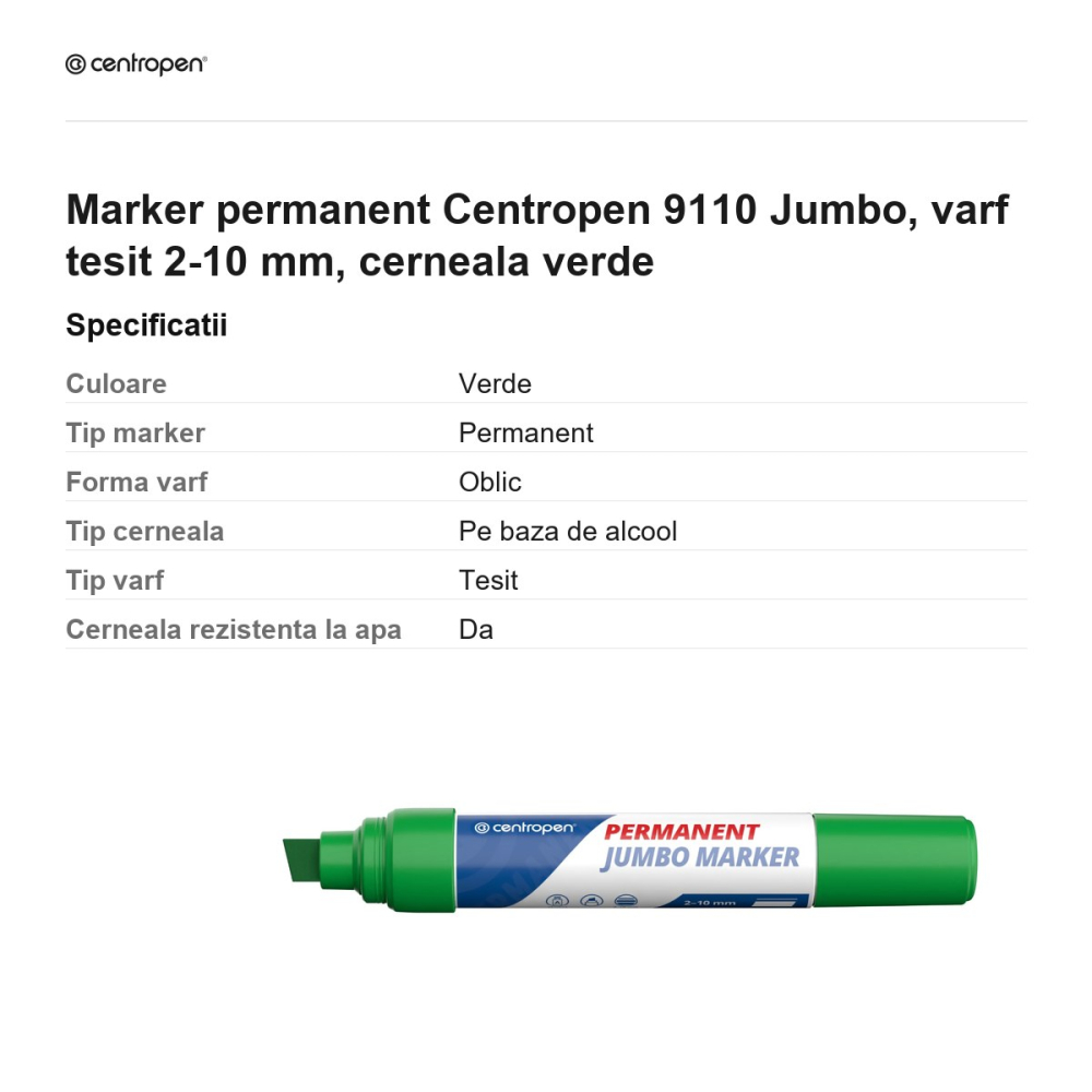 Marker permanent Centropen 9110 Jumbo, varf tesit 2-10 mm, cerneala verde [3]