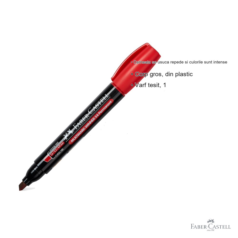 Marker permanent Faber-Castell Winner 54 Multimark, varf tesit, rosu, pentru suprafete multiple [3]