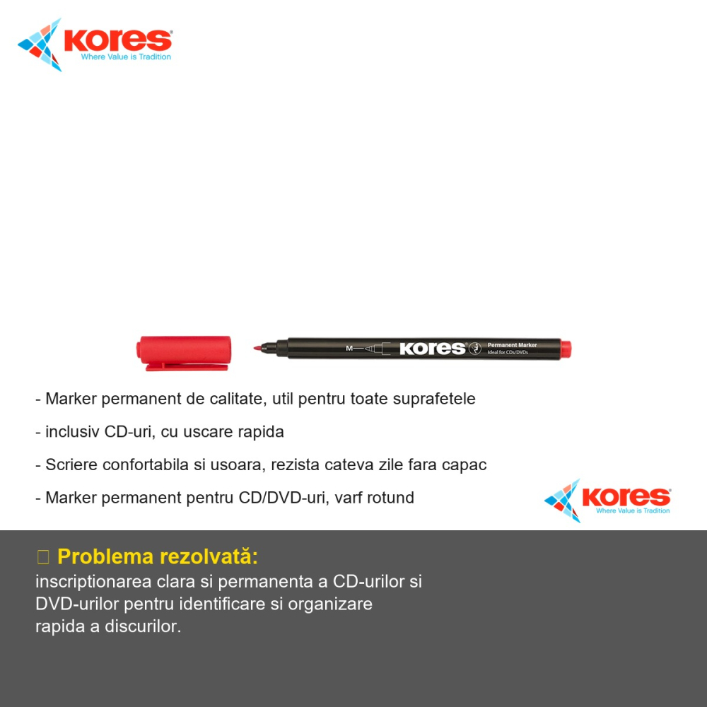 Marker permanent Kores pentru CD/DVD, varf rotund 1.0 mm, rosu, uscare rapida [2]
