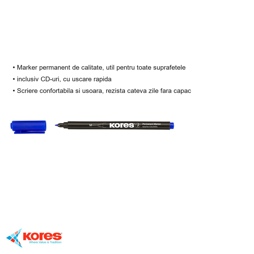 Marker permanent Kores pentru CD/DVD, varf rotund 1.0mm, cerneala albastra, uscare rapida [3]