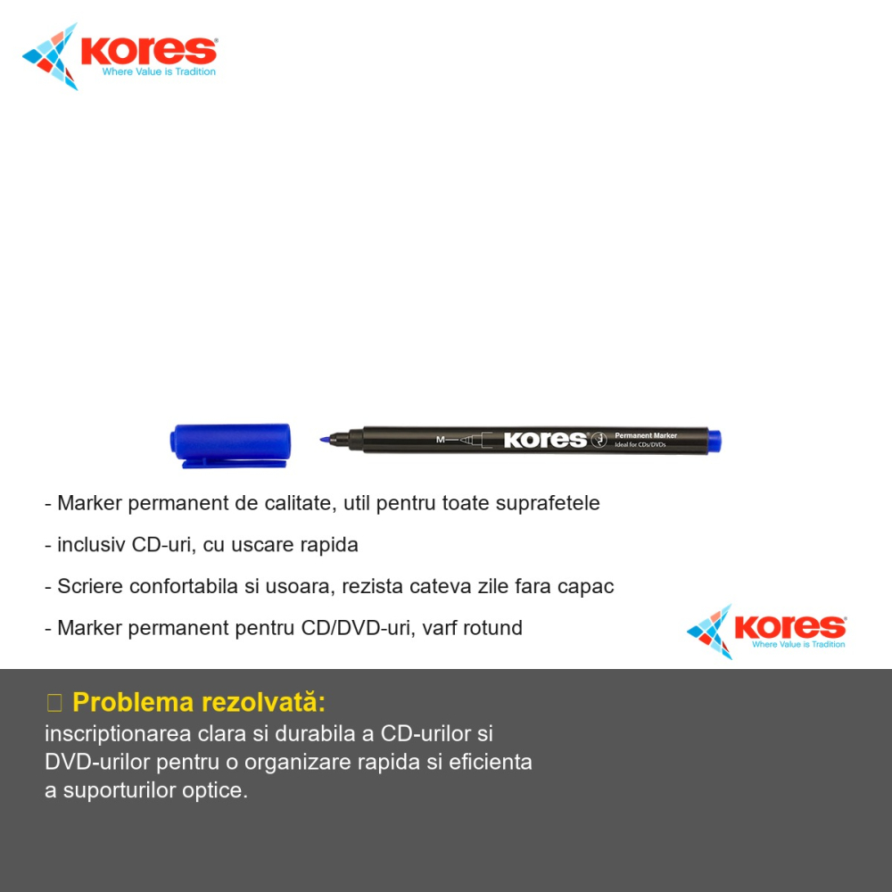 Marker permanent Kores pentru CD/DVD, varf rotund 1.0mm, cerneala albastra, uscare rapida [2]