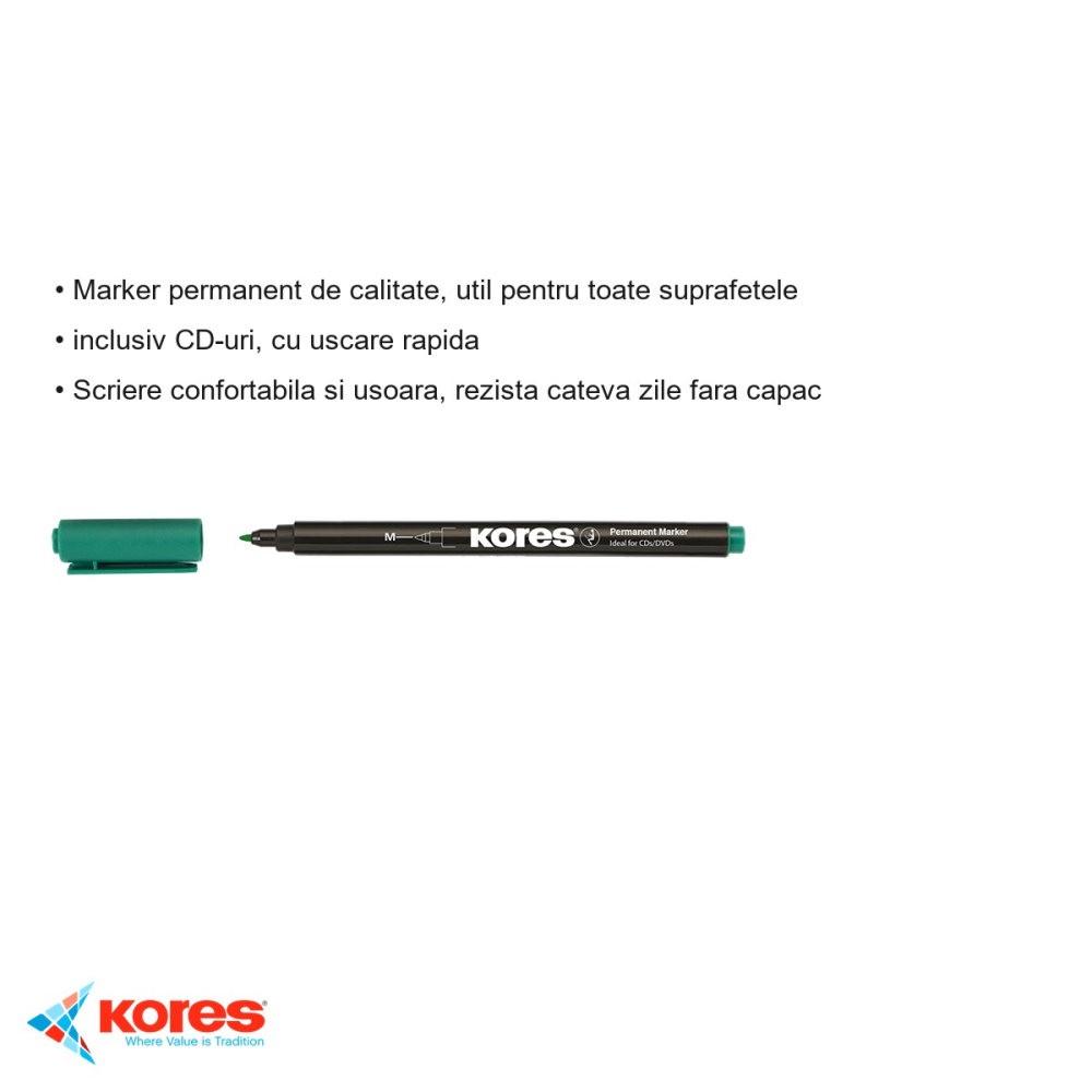 Marker permanent Kores pentru CD/DVD, varf rotund 1.0mm, culoare verde, uscare rapida [3]