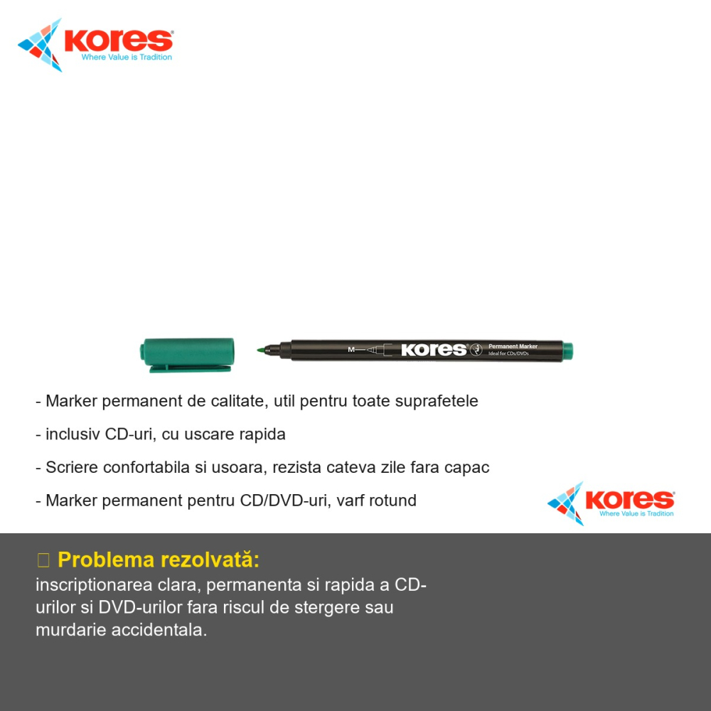 Marker permanent Kores pentru CD/DVD, varf rotund 1.0mm, culoare verde, uscare rapida [2]