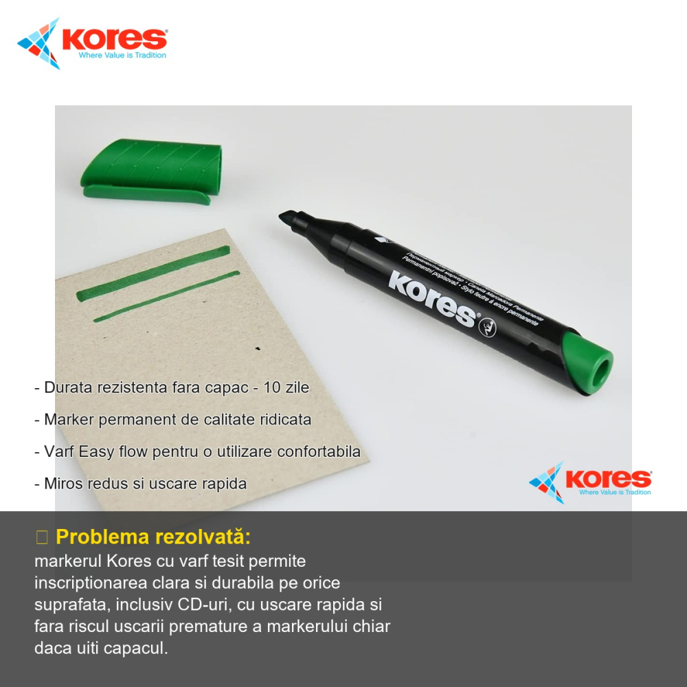 Marker permanent Kores, varf tesit, scriere pe orice suprafata inclusiv CD-uri, uscare rapida [2]