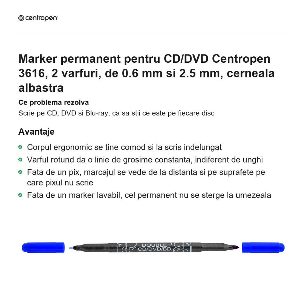 Marker permanent pentru CD/DVD Centropen 3616, 2 varfuri, de 0.6 mm si 2.5 mm, cerneala albastra [2]