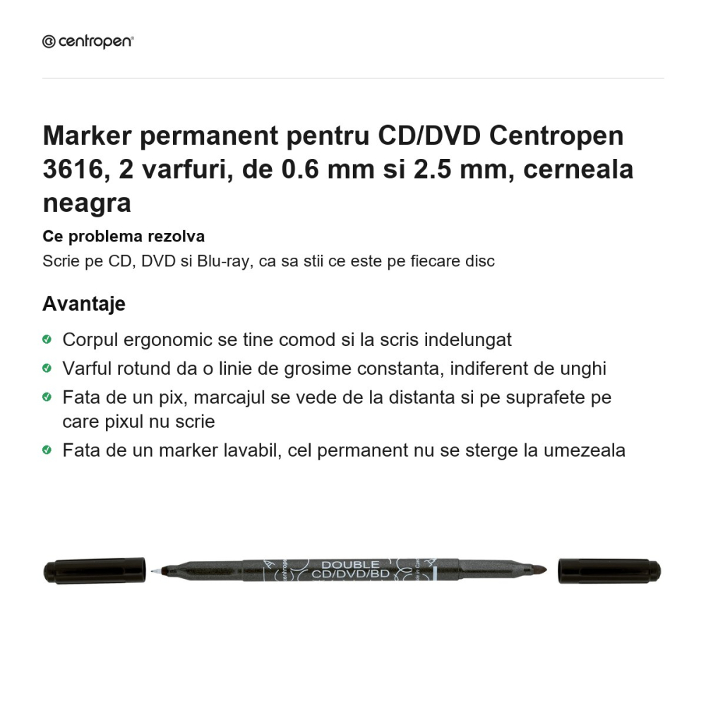 Marker permanent pentru CD/DVD Centropen 3616, 2 varfuri, de 0.6 mm si 2.5 mm, cerneala neagra [2]
