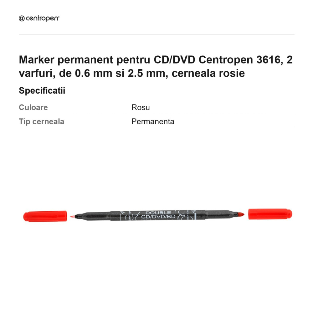 Marker permanent pentru CD/DVD Centropen 3616, 2 varfuri, de 0.6 mm si 2.5 mm, cerneala rosie [3]