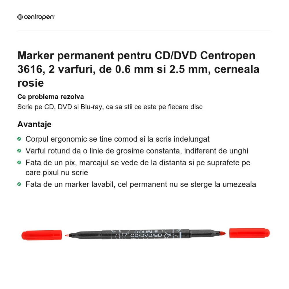 Marker permanent pentru CD/DVD Centropen 3616, 2 varfuri, de 0.6 mm si 2.5 mm, cerneala rosie [2]