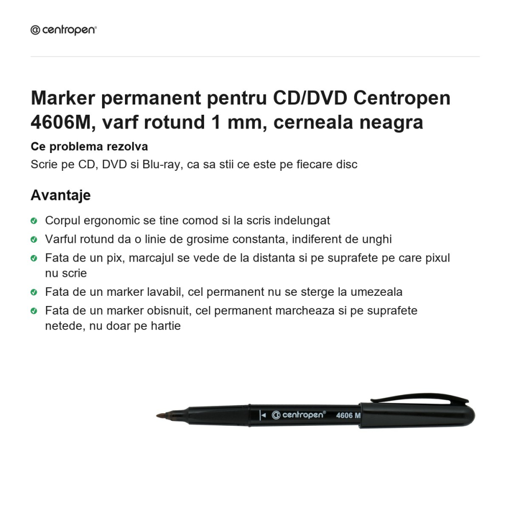 Marker permanent pentru CD/DVD Centropen 4606M, varf rotund 1 mm, cerneala neagra [2]