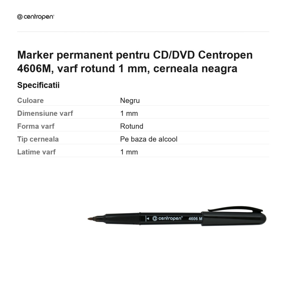 Marker permanent pentru CD/DVD Centropen 4606M, varf rotund 1 mm, cerneala neagra [3]