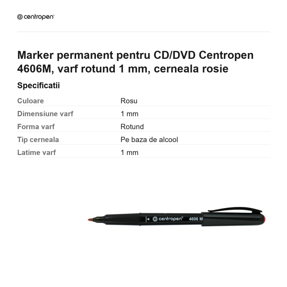 Marker permanent pentru CD/DVD Centropen 4606M, varf rotund 1 mm, cerneala rosie [3]