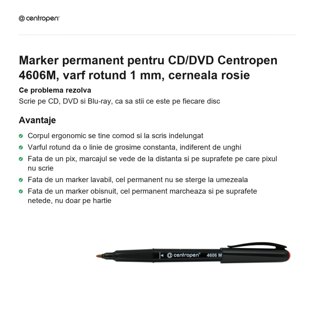 Marker permanent pentru CD/DVD Centropen 4606M, varf rotund 1 mm, cerneala rosie [2]
