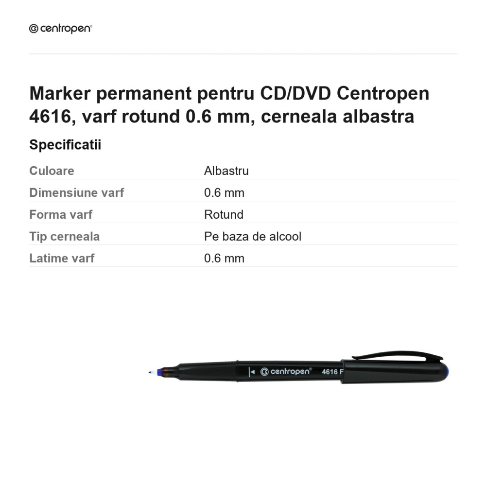 Marker permanent pentru CD/DVD Centropen 4616, varf rotund 0.6 mm, cerneala albastra [3]