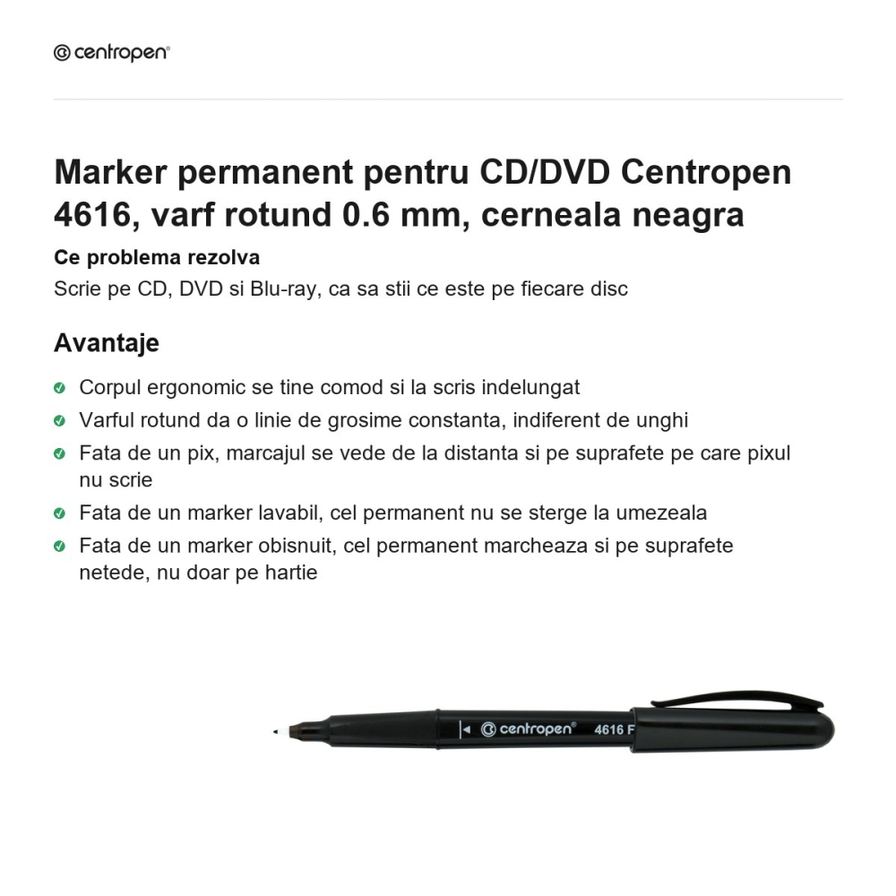 Marker permanent pentru CD/DVD Centropen 4616, varf rotund 0.6 mm, cerneala neagra [2]