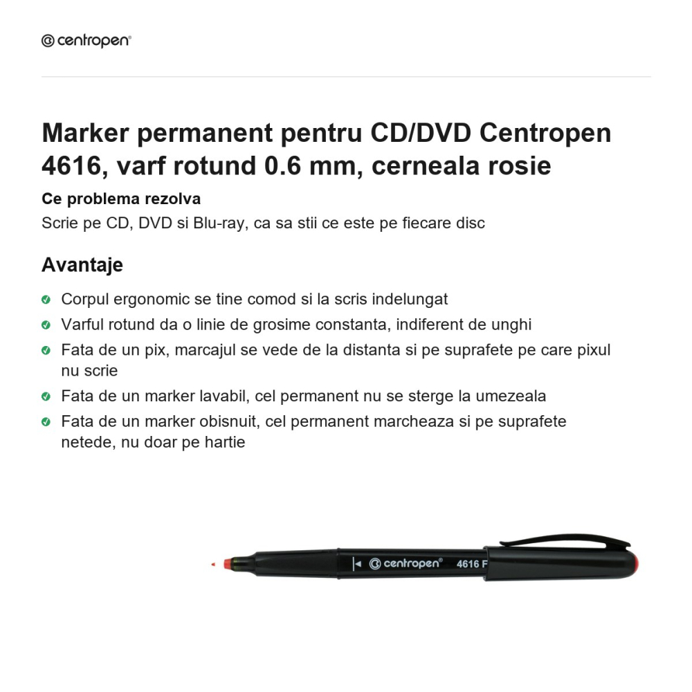 Marker permanent pentru CD/DVD Centropen 4616, varf rotund 0.6 mm, cerneala rosie [2]