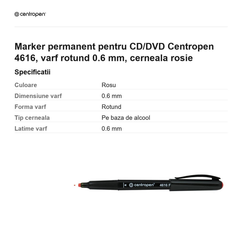 Marker permanent pentru CD/DVD Centropen 4616, varf rotund 0.6 mm, cerneala rosie [3]