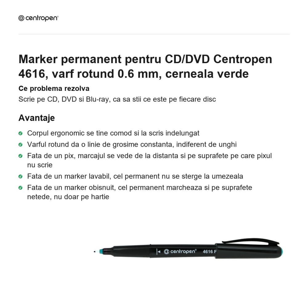 Marker permanent pentru CD/DVD Centropen 4616, varf rotund 0.6 mm, cerneala verde [2]