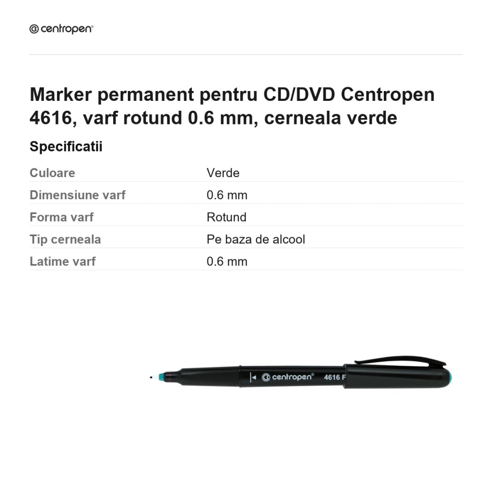 Marker permanent pentru CD/DVD Centropen 4616, varf rotund 0.6 mm, cerneala verde [3]