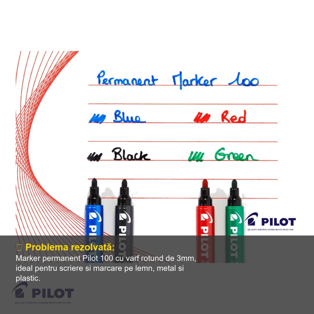 Marker permanent Pilot 100, varf rotund 3mm, negru, rezistent la apa, pentru orice suprafata [4]