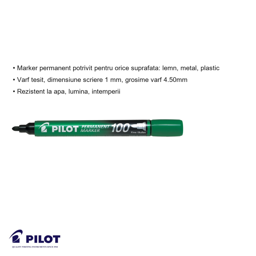 Marker permanent Pilot 100, varf rotund 3mm, verde, rezistent la apa, pentru suprafete multiple [3]